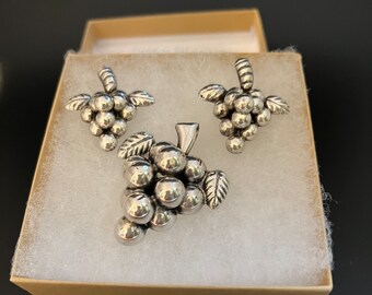 Sterling Silver Grape Cluster Pin/pendant and Post Earrings Set +