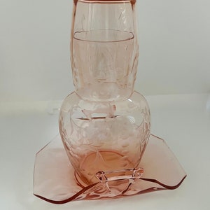 Vintage Depression Era Bed Side Water Carafe Tumble-up delicately etched pink glass with Trinket Dish