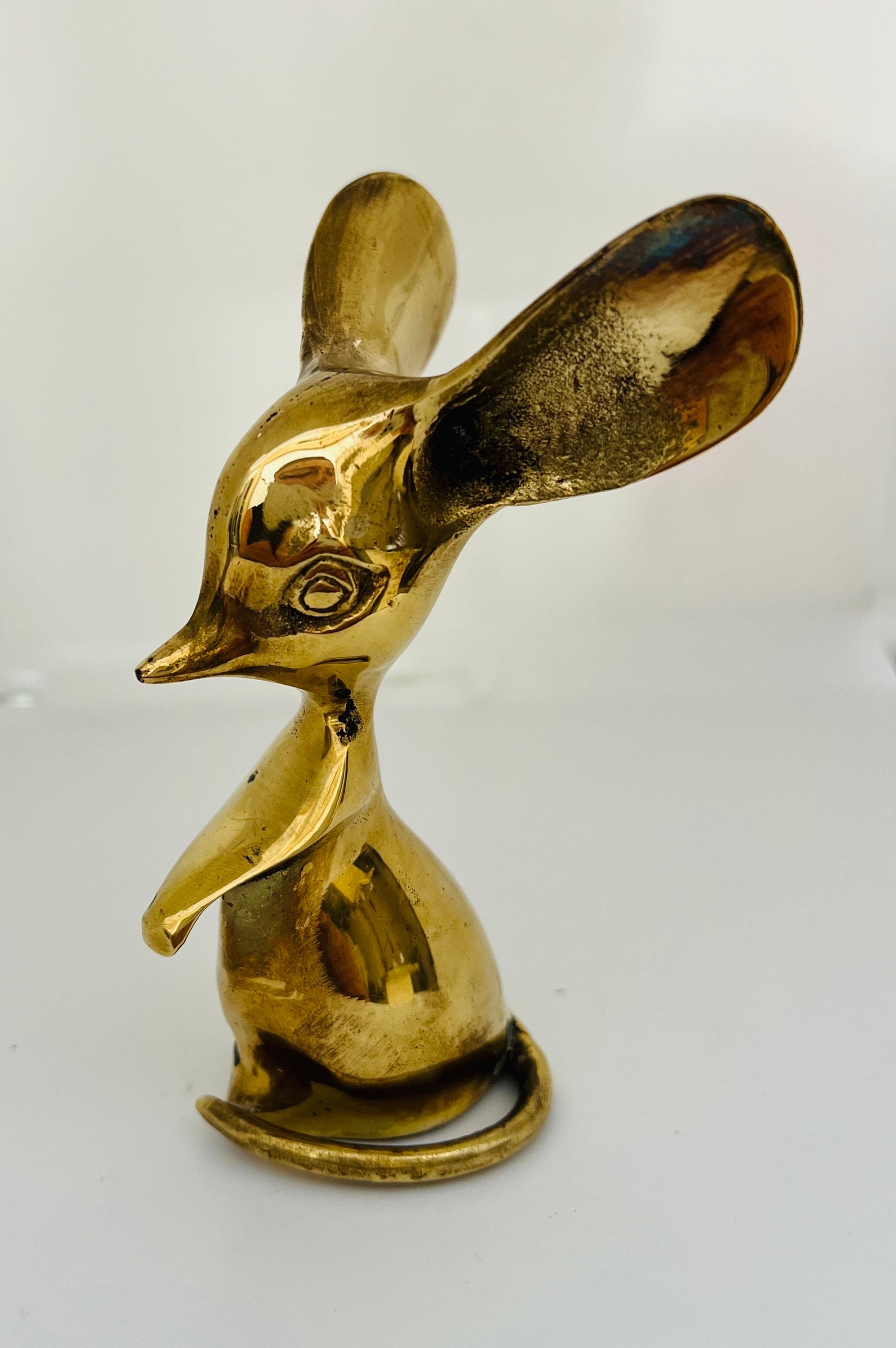 Vintage Solid Brass Mouse with Big Ears and Curled Tail Figurine - Collectible Office Accessories Paperweight