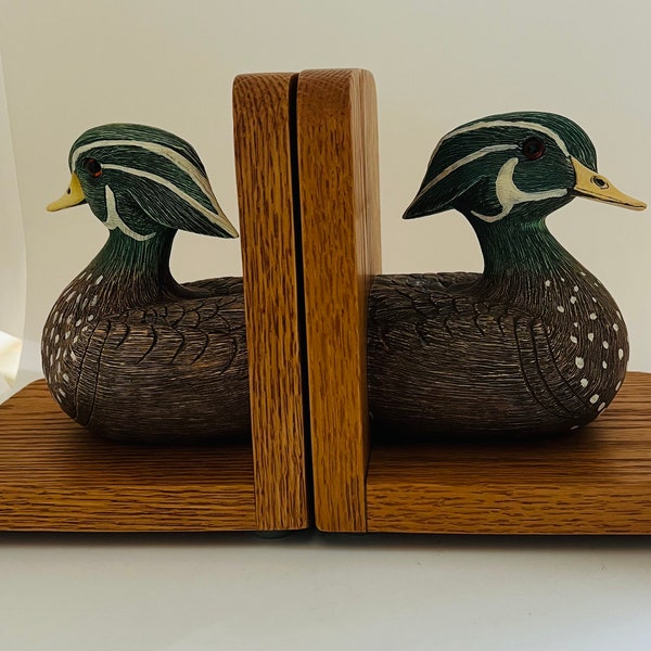 Hand Crafted Wood Duck Book Ends On a Wood Base- Set of 2