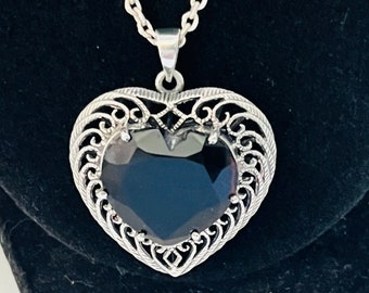 Vintage Sterling Silver heart pendant with heart shaped Large garnet Gemstone - 21" Long Sterling Silver Chain Is Included