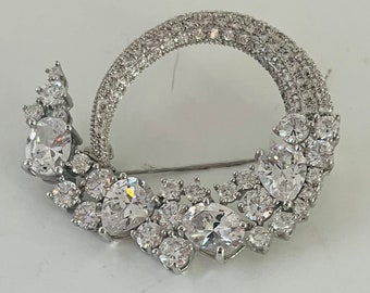 Vintage Brooch / Pin with Pave Faux Diamonds and Rhinestones On A Rhodium Plate Metal
