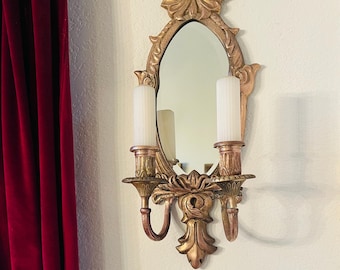 Vintage Hollywood Regency Style Solid Brass Mirrored Candle Sconce - Ornate Frame - Mid Century Glam Decor