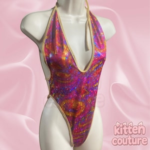 Rainbow Gold Trim Romper Exotic Dancewear Rave / Swim Wear