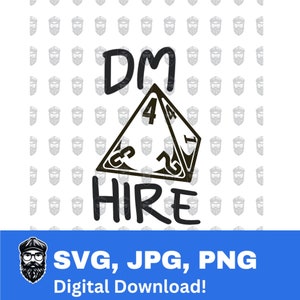 Könnte beinhalten: Schwarzweißes Grafikdesign eines Dungeons and Dragons Würfels mit dem Text "DM Hire" darüber.