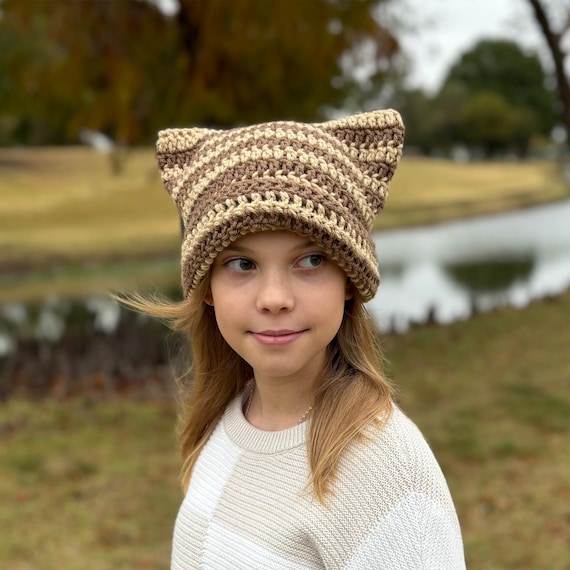 Bonnet Chaton Tricoté à Oreilles De Chat - Marque CraftyBeavers, Taille Unique, Fait Main USA