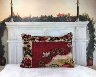 red pillow, rug pillow, oriental pillow, bench pillow, turkish pillow, vintage rug pillow, 16x24 inches pillow, kids room pillow, 2209