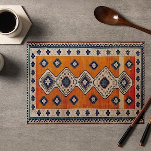 Turkish Rug Pattern Placemats: Boho Kilim Print, Orange Washable 13676