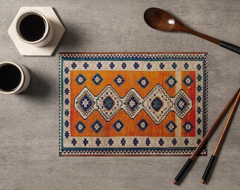 Turkish Rug Pattern Placemats: Boho Kilim Print, Orange Washable 13676