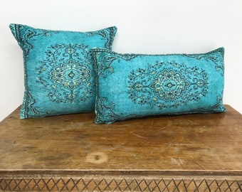 turquoise cushion, pastel pillow cover, velvet pillow, vintage rug print, lumbar pillow cover, decorative pillow, cool pillow, 2161-02