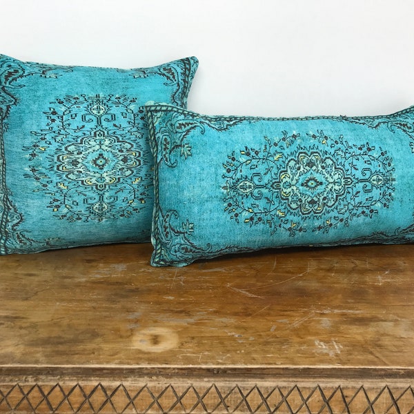 coussin turquoise, taie d'oreiller pastel, oreiller chenille, impression de tapis vintage, taie d'oreiller lombaire, oreiller décoratif, oreiller cool, 2161-02