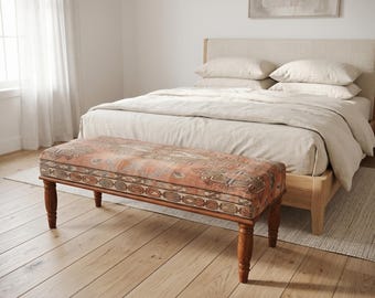 Banco Kilim de panal color melocotón: tapizado turco hecho a mano para dormitorio y recibidor.
