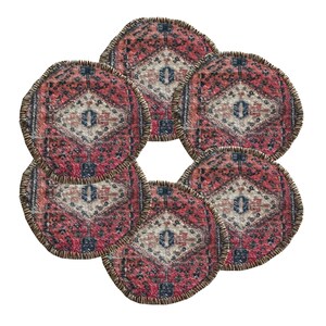 May include: A set of six round coasters with a vintage rug design. The coasters feature a red, cream, and navy color palette with a central geometric pattern and a fringed edge. They are arranged in a circular pattern.