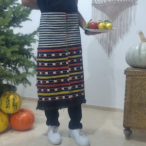woven kilim apron , half apron  , antique apron , blue white apron , vintage kilim apron , embroidered apron , woven apron , nomadic apron