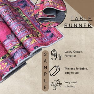 The image is a close-up of a vibrant, patterned rug with a table runner attached to it. The rug is folded and displayed on a flat surface, showcasing its design and texture. The image also includes a sample of the rug, highlighting its features such as luxury cotton, polyester, thin and foldable, easy to use, and neat stitching.