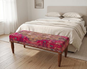Magenta Kilim Ottoman Bench: Handmade Upholstered Turkish for Bedroom and Vanity