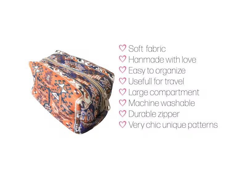 Bohemian makeup bag, Oriental design makeup bag, Handmade makeup bag, Kilim pattern makeup bag, Woman travel bag, Gift for mom bags