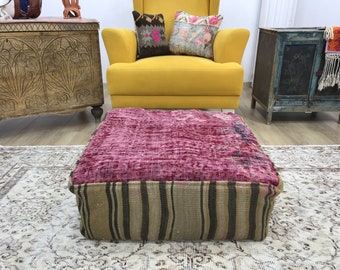 Kilim ottoman pouf, Square floor couch, Kilim pillow case, Vintage floor pouf, Porch seat, Pouf moroccan, Farmhouse pillow, 24x24x8, FP 904