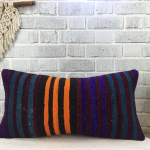 orange striped pillow, wool pillow, turkish kilim pillow, vintage kilim pillow, couch pillow, kilim cushion cover, 12x24 kilim pillow, 1836