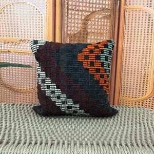 Rustic Multicolor Check Pattern Kilim Pillow with Bold Stripes, Vintage Handmade Boho Sofa Accent Pillow, Stylish Throw Pillow, 18x18kp52