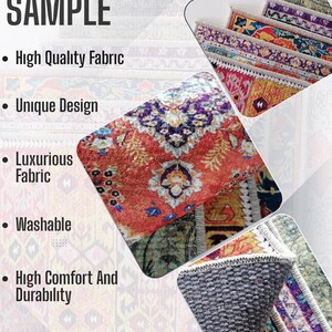 The image is a collage of various colorful and patterned rugs, showcasing high-quality fabric, unique design, luxurious fabric, washability, comfort, and durability.