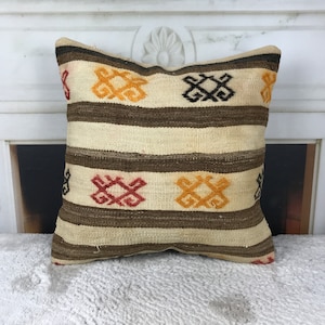 throw pillow covers, 16x16 kilim pillow, decorative pillow, day bed pillows, wool pillow case, orange beige pillow, ottoman pillow, 4796