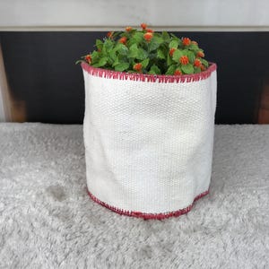 Puede incluir: Una maceta cilíndrica de tela color blanco hueso con un tejido texturizado y un borde cosido en rojo vibrante en los extremos superior e inferior. La maceta contiene una pequeña planta verde con diminutas flores naranjas en la parte superior.