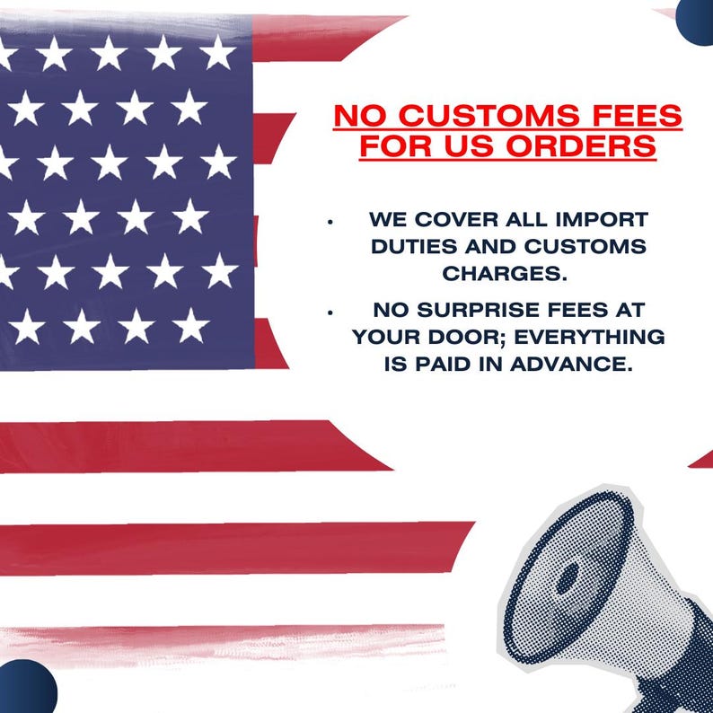 The image is a graphic design featuring the American flag and a megaphone, along with text stating that there are no customs fees for US orders.