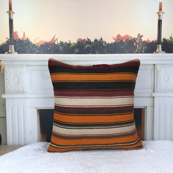 orange striped pillow, kilim bedroom pillow, wool sofa cushion, organic kilim cover, handmade couch pillow, 20x20 inches pillow, 3473