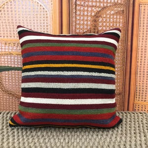 Vibrant Striped Kilim Pillow, Colorful Handwoven Cushion, Bohemian Accent Pillow, Home Decor Pillow Cover, Multicolor Pillow, 20x20kp34