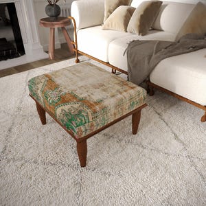Green Orange Patchwork Bench | Master Bedroom Seat | Artisan Hallway Ottoman