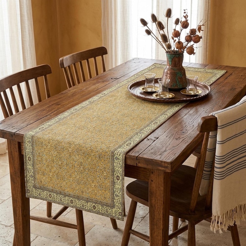 a wooden dining table with a yellow and green patterned runner, a tray with glasses, and a vase of dried flowers on it. The table is surrounded by wooden chairs, and there is a window in the background.