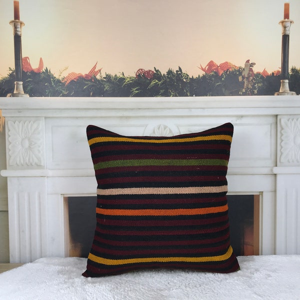 farmhouse style pillow, antique kilim pillow, striped pillow cover, hand woven cushion, kilim bed pillows, 18x18 inches pillow, 4782