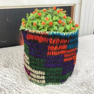 Può includere: Un cesto intrecciato colorato con un motivo verde, blu, rosso e bianco. Il cesto è pieno di una piccola pianta in vaso con foglie verdi e fiori arancioni.