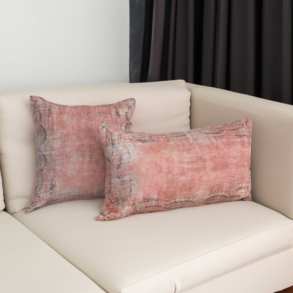 Pastel color pillow, Worn looking printed, Euro sham cover, Velvet throw, Handmade pillow, Vintage rug print, Kilim design pillow, 5211-02