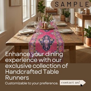 The image showcases a dining room with a wooden table set for a meal. The table runner is a vibrant, handcrafted piece that adds a touch of elegance to the dining experience. The table is adorned with plates, silverware, and a vase of flowers, creating a welcoming atmosphere for a meal. The image also includes text that encourages customers to customize their dining experience with the exclusive collection of handcrafted table runners.