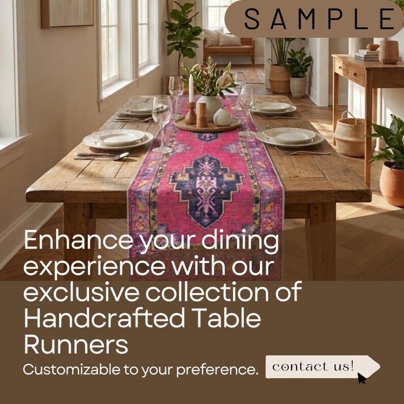 The image showcases a dining room with a wooden table set for a meal. The table runner is a vibrant, handcrafted piece that adds a touch of elegance to the dining experience. The table is adorned with plates, silverware, and a vase of flowers, creating a welcoming atmosphere for a meal. The image also includes text that encourages customers to customize their dining experience with the exclusive collection of handcrafted table runners.