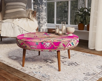 Fuchsia Geometric Ottoman | Reading Corner Footrest | Boho Wood Accent Table