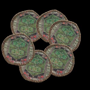 May include: Six round coasters with a rug design. The coasters feature a green and red pattern with a brown fringe border. The coasters are arranged in a circular pattern against a black background.