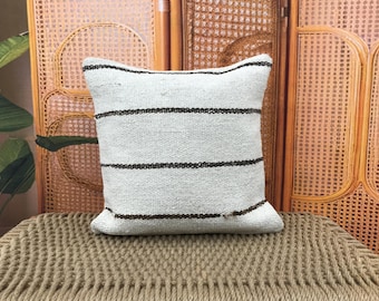 Vintage White Kilim Pillow Cover 20x20, Black Striped Wool Cushion, Authentic Handmade Turkish Decorative Throw Pillow, 20x20kp18