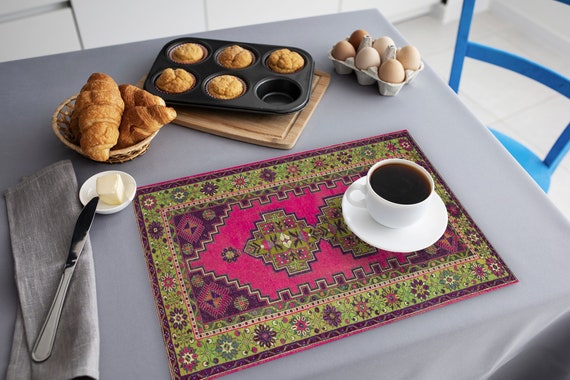 Unique home decor Turkish rug placemats, Cultural heritage style dining accessories, Sophisticated vintage kilim pattern placemats, 11696-02