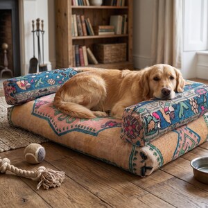 Turquoise Kilim Print Dog Bed | Floral Velvet Pet Couch | Handmade Reversible Dog Sofa | Boho Dog Cushion | Turkish Colorful Pet Bed