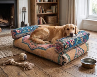 Turquoise Kilim Print Dog Bed | Floral Velvet Pet Couch | Handmade Reversible Dog Sofa | Boho Dog Cushion | Turkish Colorful Pet Bed