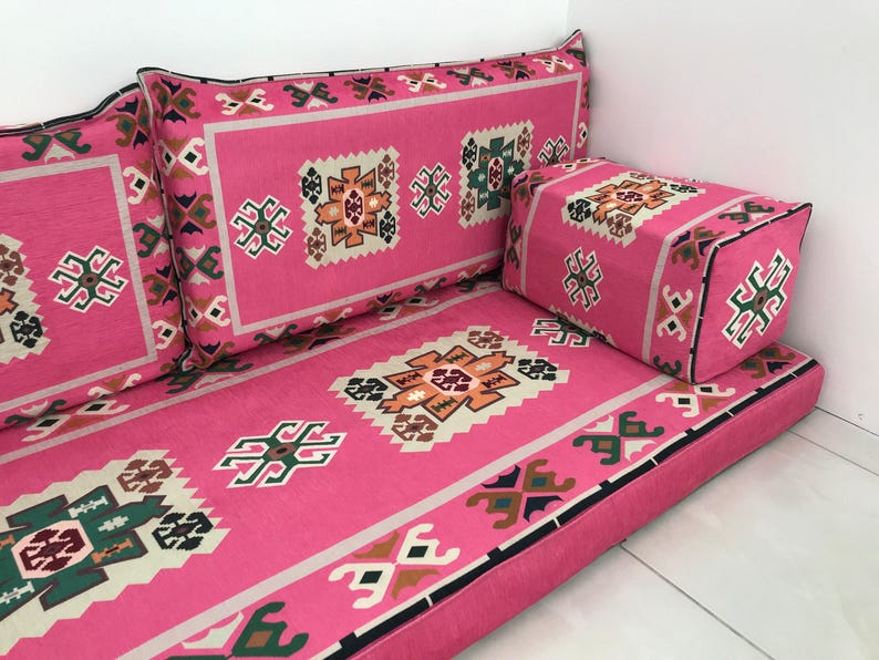 Pink floor seating, Majlis sofa set, Arabic sofa, Floor couch, Window seat cushion, Reading nook cushion, Chenille cushion cover, FS 19 画像 7