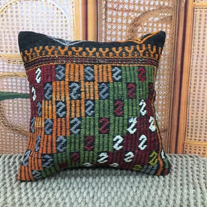 Tribal kilim pillow 20x20, colorful wool cushion, vintage Turkish pillow cover, handmade boho decor, ethnic sofa pillow, 20x20kp220
