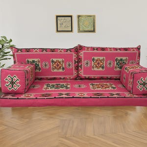 Pink floor seating, Majlis sofa set, Arabic sofa, Floor couch, Window seat cushion, Reading nook cushion, Chenille cushion cover, FS 19 画像 5