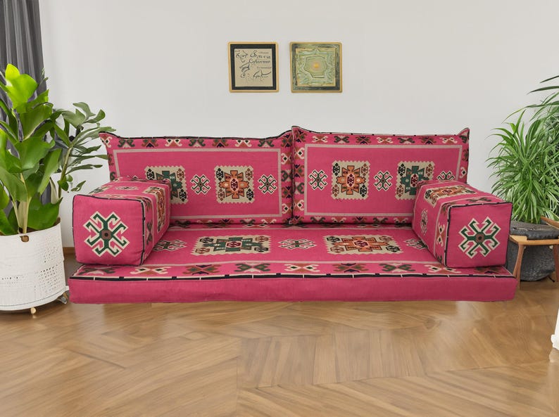 Pink floor seating, Majlis sofa set, Arabic sofa, Floor couch, Window seat cushion, Reading nook cushion, Chenille cushion cover, FS 19 画像 5