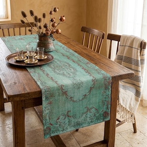 Textile art runner, Heritage table decor, Designer table sheet, Artistic table runner, Handcrafted look runner, Washable runner, 9033-03