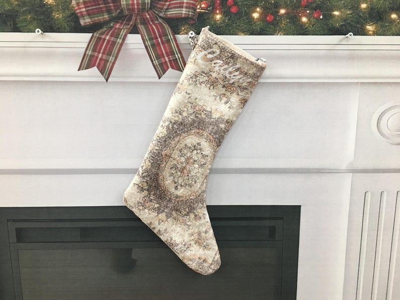 Kilim Christmas Stocking, Red Traditional Decor, Handmade Turkish Rug Print, Personalized Boho Mantel Sock, Anatolian Pattern Gift