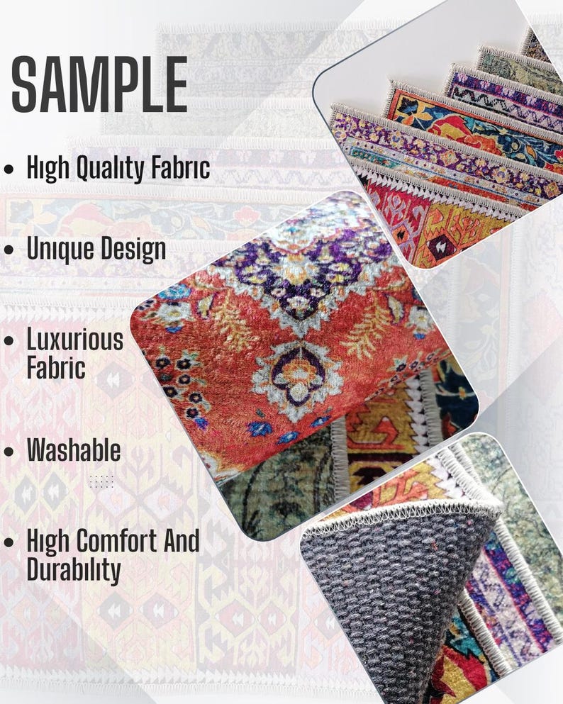 The image is a collage of various colorful and patterned rugs, showcasing high-quality fabric, unique design, luxurious fabric, washability, comfort, and durability.
